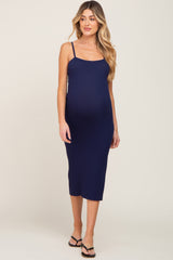 Navy Ribbed Knit Side Slit Maternity Midi Dress