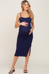 Navy Ribbed Knit Side Slit Maternity Midi Dress