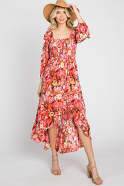 Coral Multi-Color Floral Smocked Hi-Lo Dress