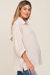 Beige Button Down 3/4 Sleeve Maternity Top