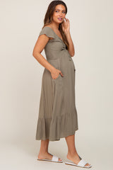 Olive Smocked Ruched Ruffle Hem Maternity Maxi Dress