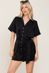 Black Satin Button Down Maternity Romper