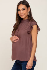 Brown Mock Neck Flutter Maternity Blouse