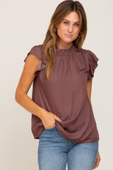 Brown Mock Neck Flutter Blouse