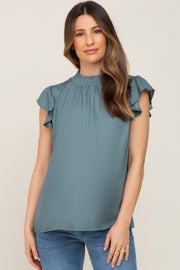 Dark Teal Mock Neck Flutter Maternity Blouse