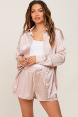 Light Taupe Button Up and Short Satin Maternity Set