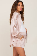 Light Taupe Button Up and Short Satin Maternity Set