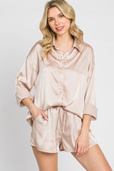 Light Taupe Button Up and Short Satin Maternity Set