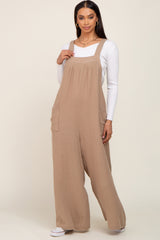 Beige Wide Leg Tie Back Maternity Overalls