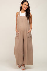 Beige Wide Leg Tie Back Maternity Overalls