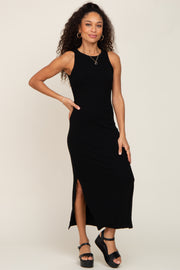 Black Ribbed Side Slit Tank Dress