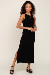 Black Ribbed Side Slit Tank Dress