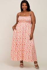 Peach Square Neck Smocked Plus Maternity Midi Dress