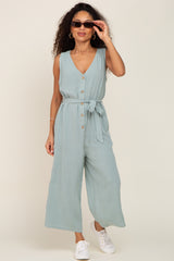 Mint Green Sleeveless Button Front Cropped Jumpsuit