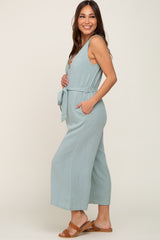 Mint Green Sleeveless Button Front Maternity Cropped Jumpsuit