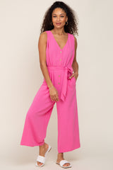 Pink Sleeveless Button Front Cropped Jumpsuit