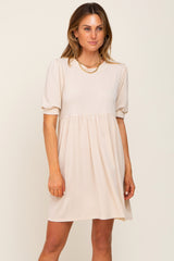 Cream High Neck Puff Sleeve Maternity Dress