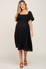 Black Smocked Puff Sleeve Maternity Midi Dress