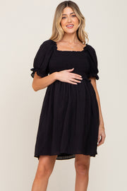 Black Smocked Puff Sleeve Maternity Dress