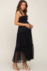 Black Smocked Mesh Maternity Midi Dress