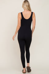 Black V-Neck Seamless Ribbed Fitted Jumpsuit