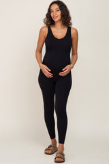 Black V-Neck Seamless Ribbed Fitted Maternity Jumpsuit