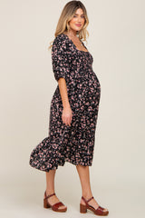 Black Floral Smocked Maternity Midi Dress