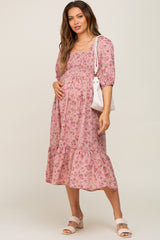 Pink Floral Smocked Maternity Midi Dress