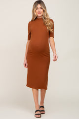 Mocha Ribbed Mock Neck Maternity Midi Dress