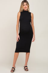 Black Ribbed Sleeveless Mock Neck Maternity Midi Dress