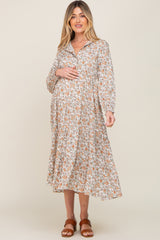 Beige Floral Button Front Long Sleeve Tiered Maternity Midi Dress