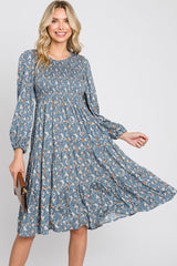 Blue Floral Smocked 3/4 Sleeve Tiered Maternity Midi Dress