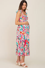 Emerald Green Printed Smocked Shoulder Tie Maternity Midi Dress