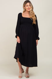 Black Gauze Smocked Maternity Midi Dress