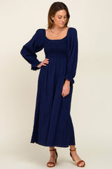 Navy Gauze Smocked Midi Dress