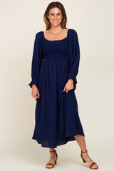 Navy Gauze Smocked Midi Dress