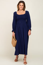 Navy Gauze Smocked Midi Dress