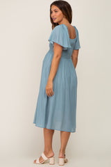 Light Blue Smocked Square Neck Flutter Short Sleeve Maternity Midi Dress