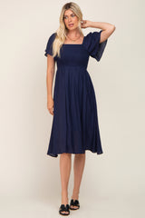 Navy Blue Smocked Square Neck Flutter Short Sleeve Maternity Midi Dress