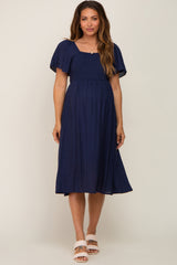 Navy Blue Smocked Square Neck Flutter Short Sleeve Maternity Midi Dress