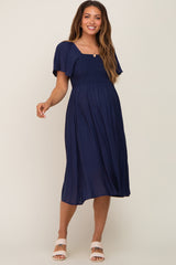 Navy Blue Smocked Square Neck Flutter Short Sleeve Maternity Midi Dress