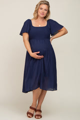 Navy Blue Smocked Square Neck Flutter Short Sleeve Maternity Plus Midi Dress