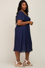 Navy Blue Smocked Square Neck Flutter Short Sleeve Plus Midi Dress