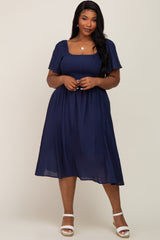 Navy Blue Smocked Square Neck Flutter Short Sleeve Plus Midi Dress