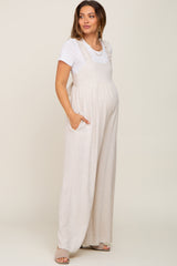 Beige Ruffle Trim Back Tie Maternity Jumpsuit