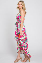 Pink Printed Flounce Wrap Dress