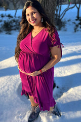 Purple Cinched Sleeve Maternity Midi Dress