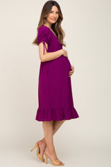 Purple Cinched Sleeve Maternity Midi Dress