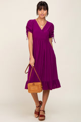 Purple Cinched Sleeve Maternity Midi Dress