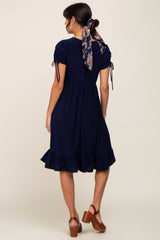 Navy Cinched Sleeve Midi Dress